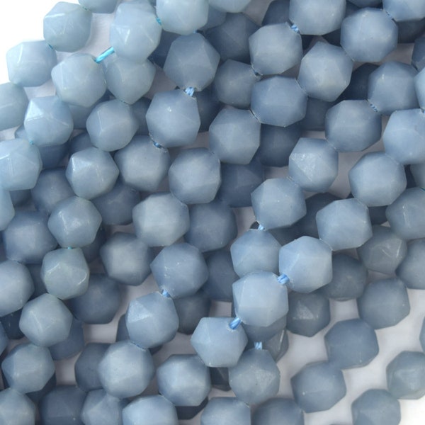 8mm star cut faceted blue angelite round beads 15" strand diamond cut 39669