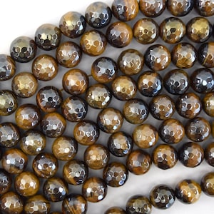 Mystic Titanium Faceted Tiger Eye Round Beads 15&quot; Strand 6mm 8mm 10mm 12mm
