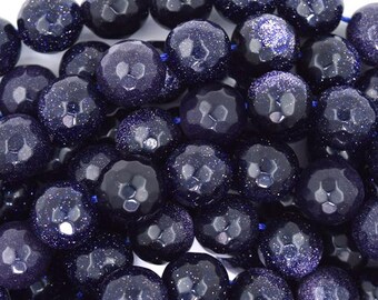 Gefacetteerde ronde kralen van blauwe goudsteen, 35,5 cm (14 inch) lang, zandsteen, 4 mm, 6 mm, 8 mm, 10 mm, 12 mm