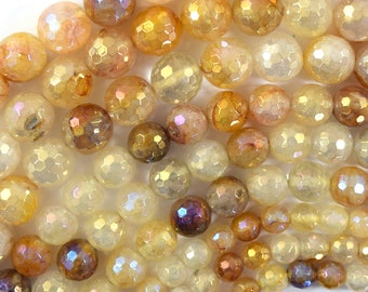 Mystic Titanium Faceted Golden Healer Quartz Round Beads 15" Strand 6mm 8mm 10mm