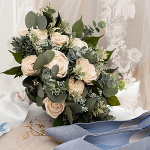 Wood Flower Eucalyptus and Ivory Wedding Bouquet / Rustic Wild Bridal Bridesmaid Bouquet / Sola Flowers / White