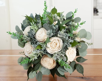 Wood Flower Eucalyptus and Ivory Wedding Bouquet / Rustic Wild Bridal Bridesmaid Bouquet / Sola Flowers / White