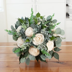 Wood Flower Eucalyptus and Ivory Wedding Bouquet / Rustic Wild Bridal Bridesmaid Bouquet / Sola Flowers / White