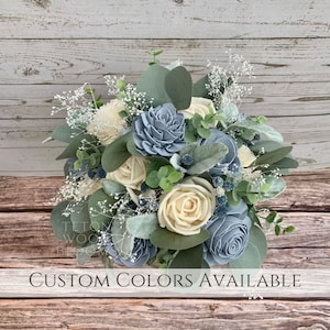 Eucalyptus and Babys Breath Bouquet with Dusty Blue Wood Flowers / Rustic Bridal Bridesmaid / Wooden Sola Boho Wild / White Cream Ivory