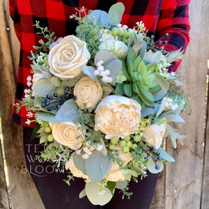 Wood Flower and Succulent Wedding Bouquet / Rustic Wild Bridal Bridesmaid Bouquet / Sola Flowers / White Natural Eucalyptus Wild