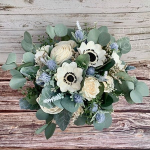 Wood Flower Eucalyptus and Ivory Wedding Bouquet / Rustic Wild Bridal Bridesmaid Bouquet / Sola Flowers / White