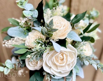Wild Greens and Ivory Wedding Bouquet / Rustic Wild Bridal Bridesmaid Bouquet / Sola Flowers / White Eucalyptus Ruscus Babys Breath