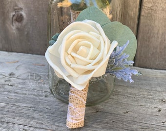 Wood Flower Boutonniere / Rustic Bridal Bridesmaid Bouquet / Wooden Sola Wood Flowers / White Ivory