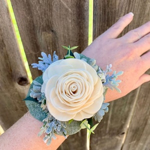 Wood Flower Single Rose Wrist Corsage / Dusty Miller Boxwood / Sola Flowers / Ivory Rose