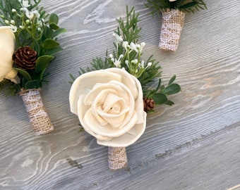 Wood Flower and Pinecone Boutonniere / Rustic Bridal Bridesmaid Pine cone / Wooden Sola Wood Flowers / White Ivory / winter pine cedar