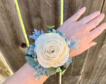 Wood Flower Single Rose Wrist Corsage / Dusty Miller Boxwood / Sola Flowers / Ivory Rose