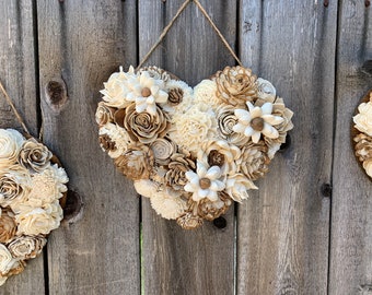 Bark & Ivory Wood Flower Heart Wall Hanging / Rustic Home Nursery Decor / Sola Flowers / Unique Wall Decor