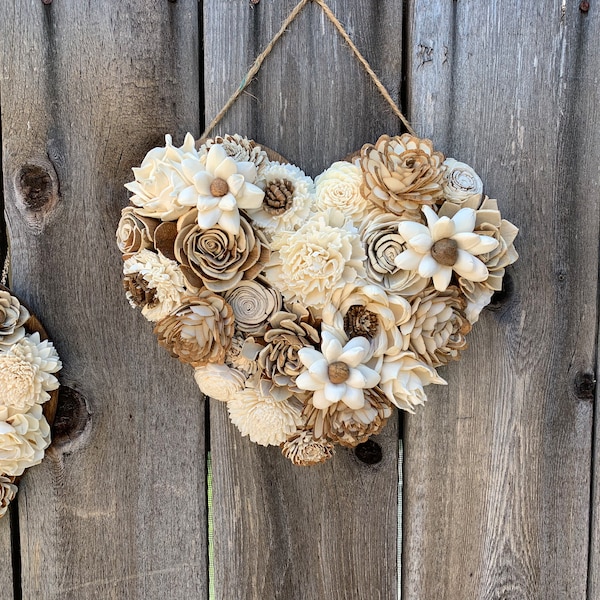 Bark & Ivory Wood Flower Heart Wall Hanging / Rustic Home Nursery Decor / Sola Flowers / Unique Wall Decor