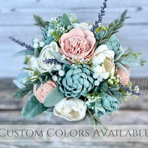 Wood Flower Succulent Wedding Bouquet with Lavender / Rustic Bridal Bouquet / Wooden Sola Wood Flowers / Pink Blush Green Mint Ivory
