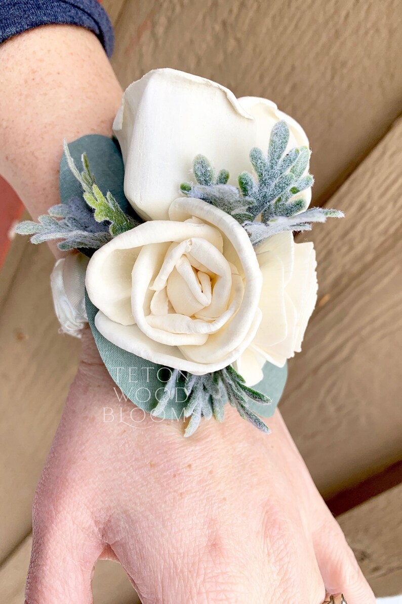 Wood Flower Eucalyptus Wrist Corsage / Dusty Miller Boxwood / Etsy
