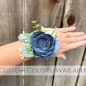 Wood Flower Wrist Corsage / Slate and Dusty Blue / Sola Wood Flowers / Ivory Navy