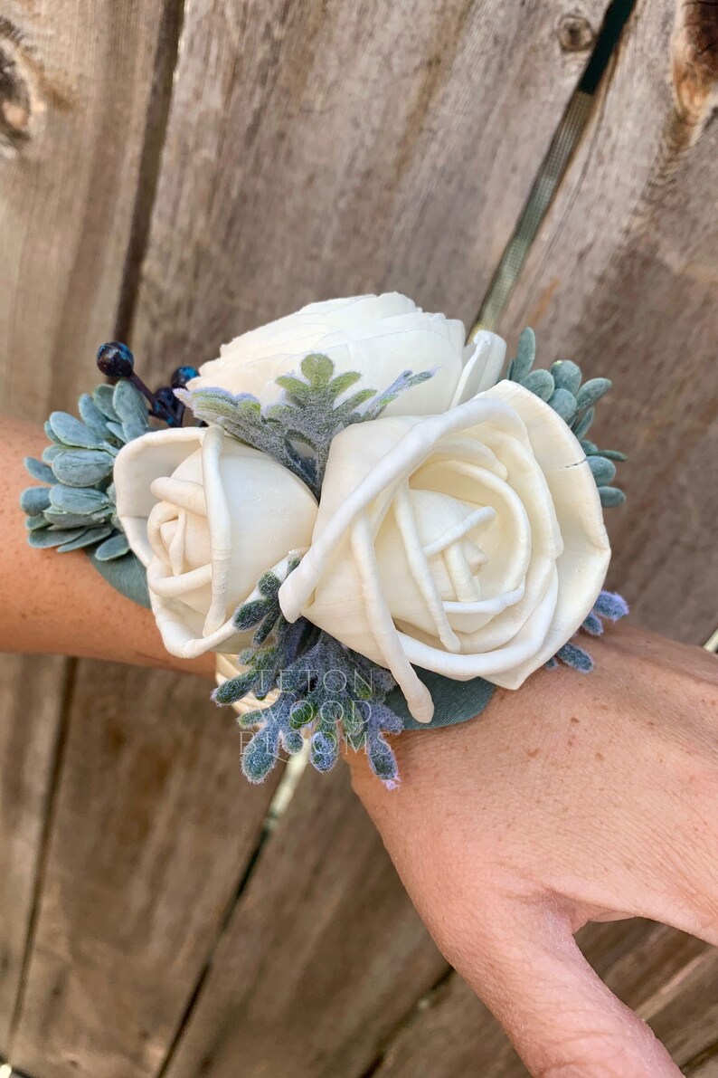 Wood Flower Wrist Corsage / Eucalyptus Boxwood Berries / Sola Etsy
