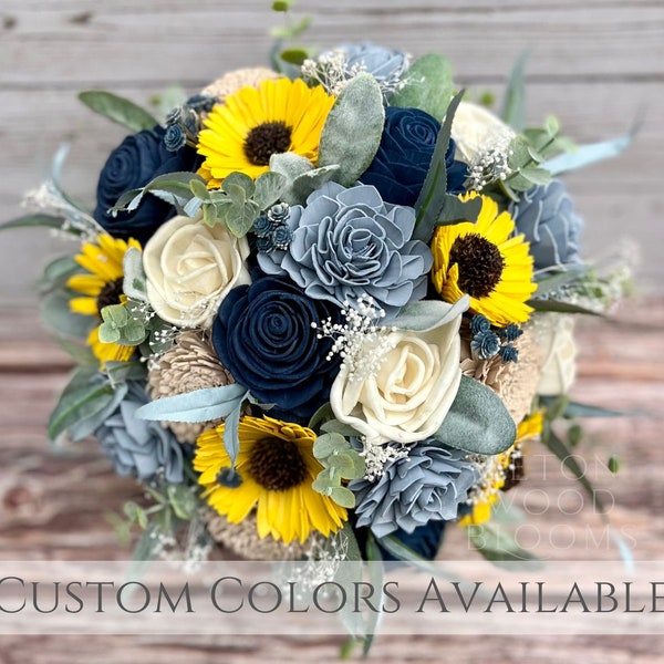 Sunflower, Blue and Champagne Wedding Bouquet / Rustic Bridal Bridesmaid Bouquet / Sola Wood Flowers / White Ivory Dusty Navy Baby breath