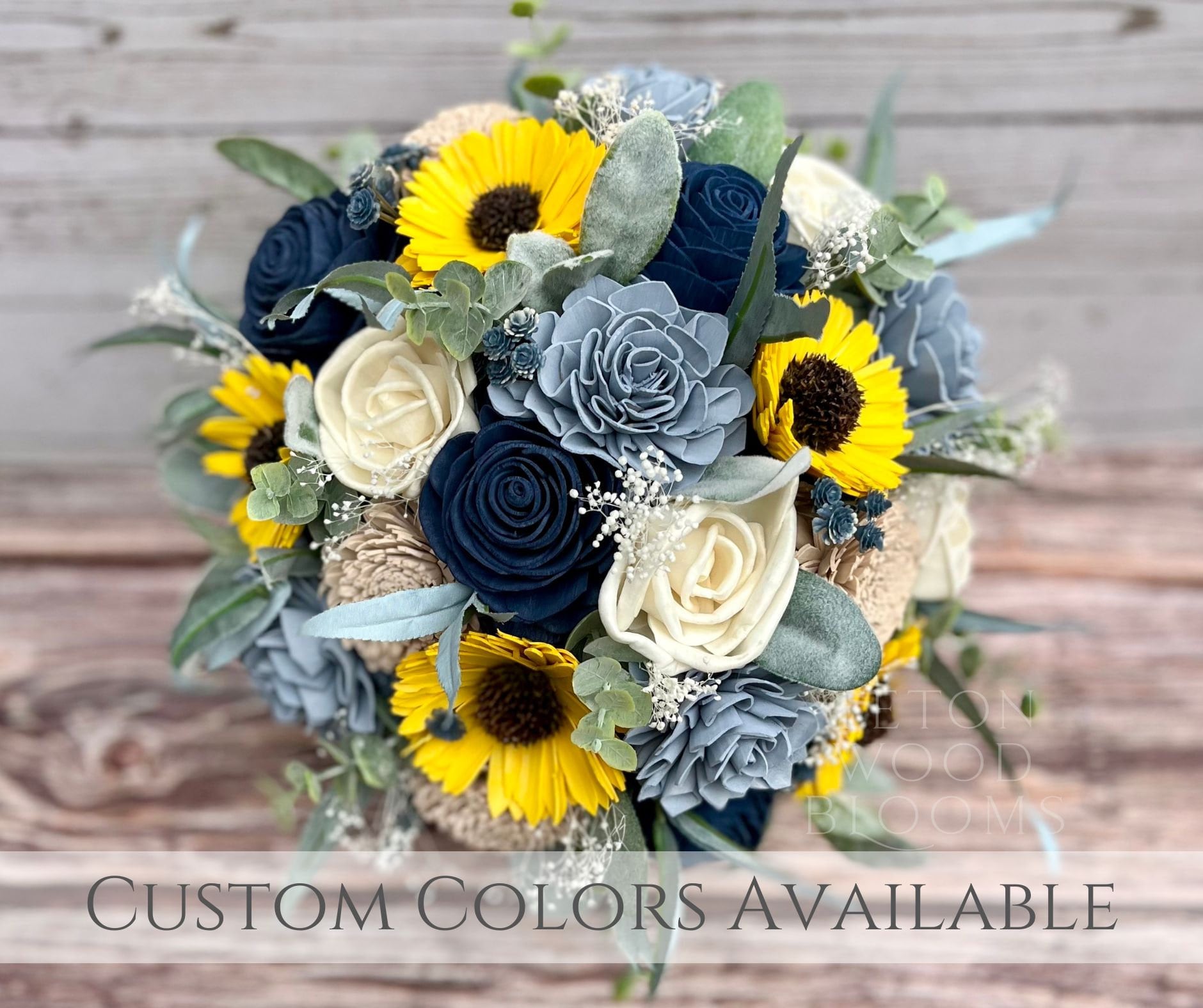 Sunflower, Blue and Champagne Wedding Bouquet / Rustic Bridal