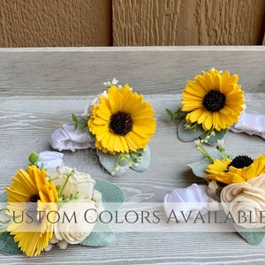 Wood Flower Sunflower Wrist Corsage / Yellow / Sola Wood Flowers / Ivory Custom