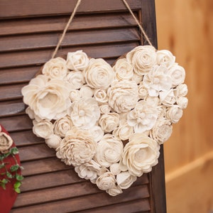 Ivory Wood Flower Heart Wall Hanging / Rustic and Unique Floral Farmhouse Sign and Wall Decor / Kitchen Nursery Decor