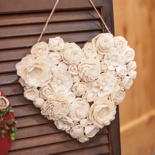 Ivory Wood Flower Heart Wall Hanging / Rustic and Unique Etsy