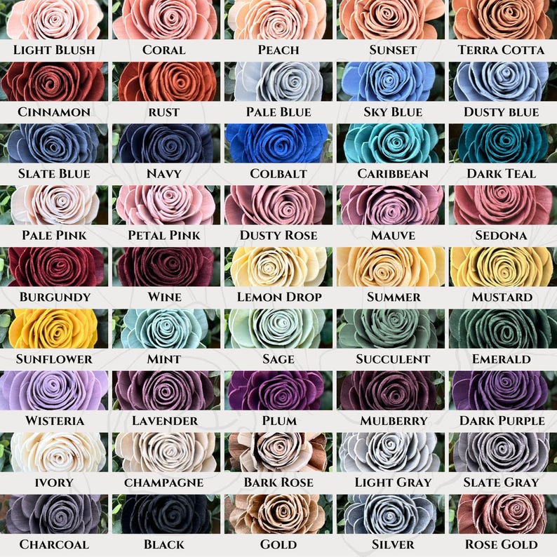 May include: A chart of 36 different colors of roses, each with a name label. The colors range from light blush to dark purple, with shades of blue, green, pink, red, yellow, and brown.