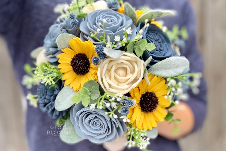 Wood Flower Sunflower with Dusty & Slate Blue Wedding Bouquet image 1