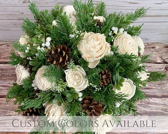 Wood Flower Pine and Ivory Wedding Bouquet / Rustic Wild Bridal Bridesmaid Bouquet / Sola Flowers / White Cedar Boxwood Pine Cone Pinecone