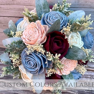 Wood Flower Rustic Wedding Bouquet / Bridal Bridesmaid Bouquet / Wooden Sola Wood Flowers / Blush Pink Burgundy Wine Babys Breath Dusty Blue