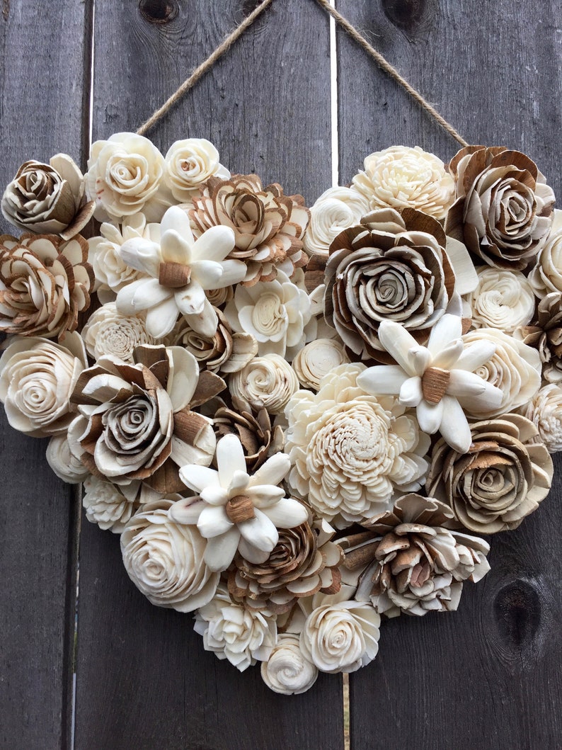 Ivory Wood Flower Heart Wall Hanging / Rustic and Unique Etsy