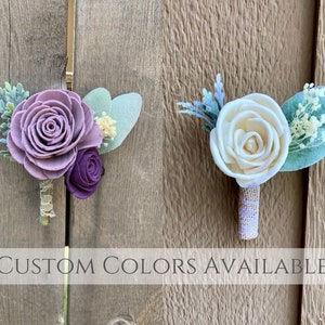 Wood Flower Boutonniere Dark Purple & Lavender / Rustic Wedding / Wooden Sola Wood Flowers / Plum White Ivory