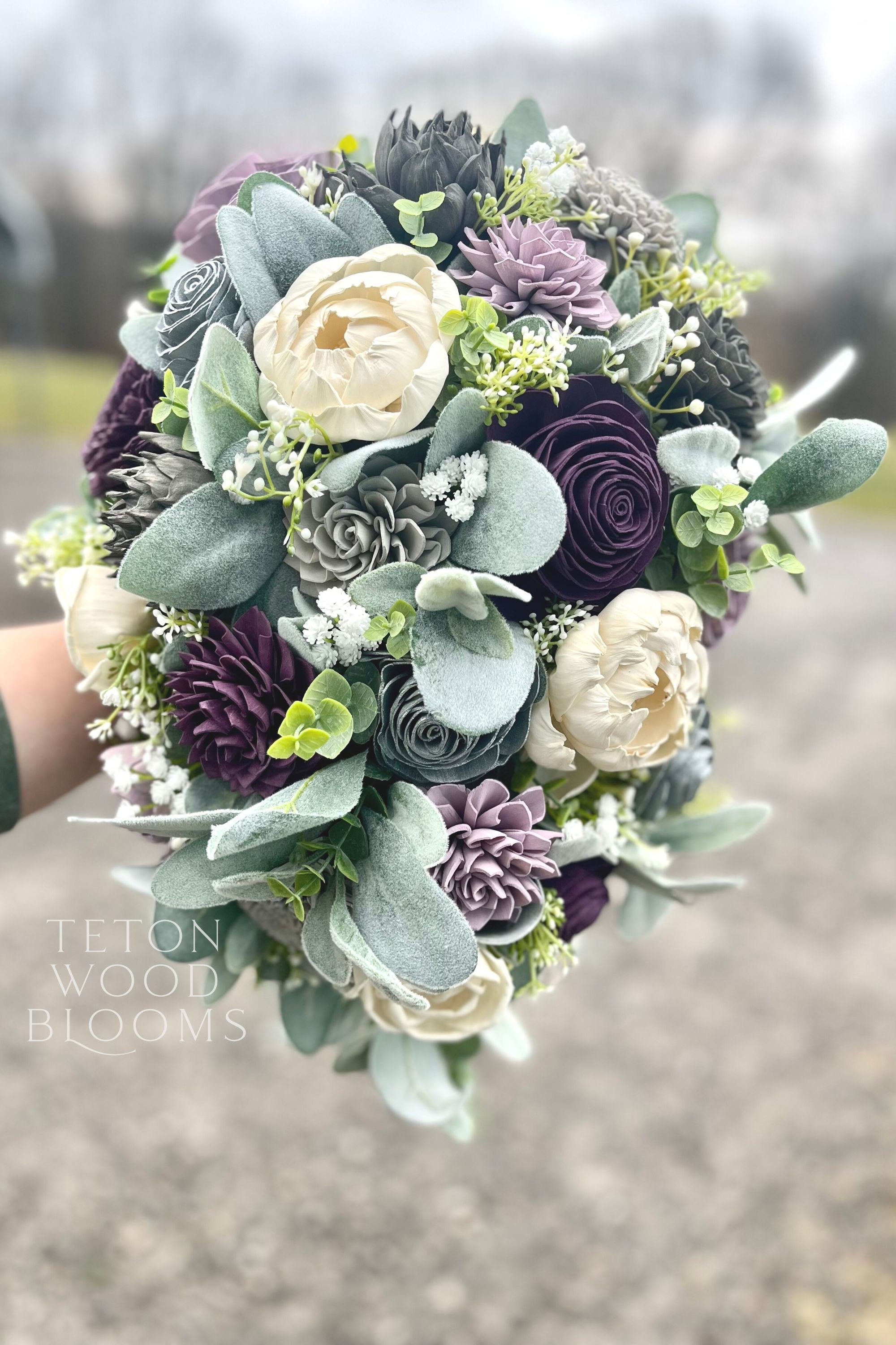 The Lacey Wood Flower Wedding Bouquet / Rustic Bridesmaid Bouquet / Wooden  Sola Purple Gray Lavender Wisteria / White Cream Ivory Cascade - Etsy, image size:2000x3000