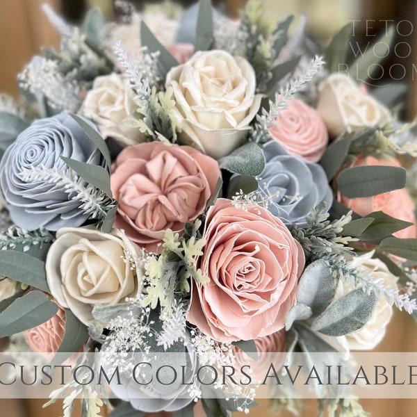 The Angelica Bouquet / Rustic Elegant Bridal Bridesmaid Bouquet / Sola Wood Flowers / Eucalyptus Romatic Blush Light Blue Ivory Pastels Pink