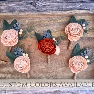 The Lauren Wood Flower Boutonnieres / Fall Autumn Rustic Bride / Wooden Sola Fall Rose Cottage Pampas Rust Terra Cotta