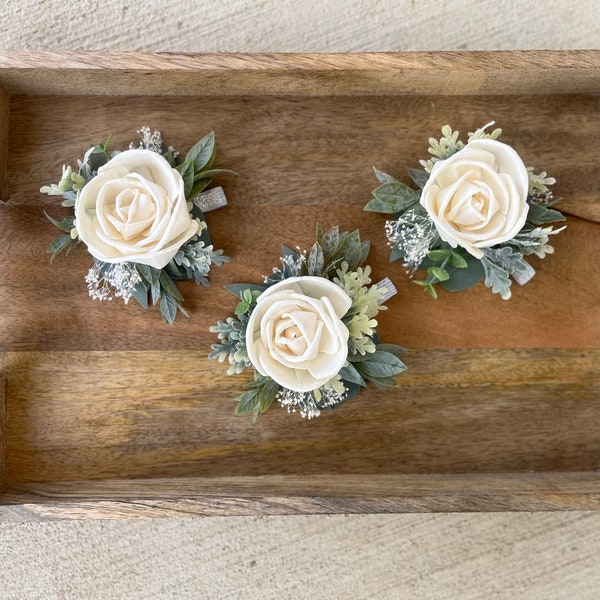 The Kayley Wood Flower Wrist Corsage / Dusty Miller Ruscus Eucalyptus / Sola Flowers / Ivory Rose Baby's Breath