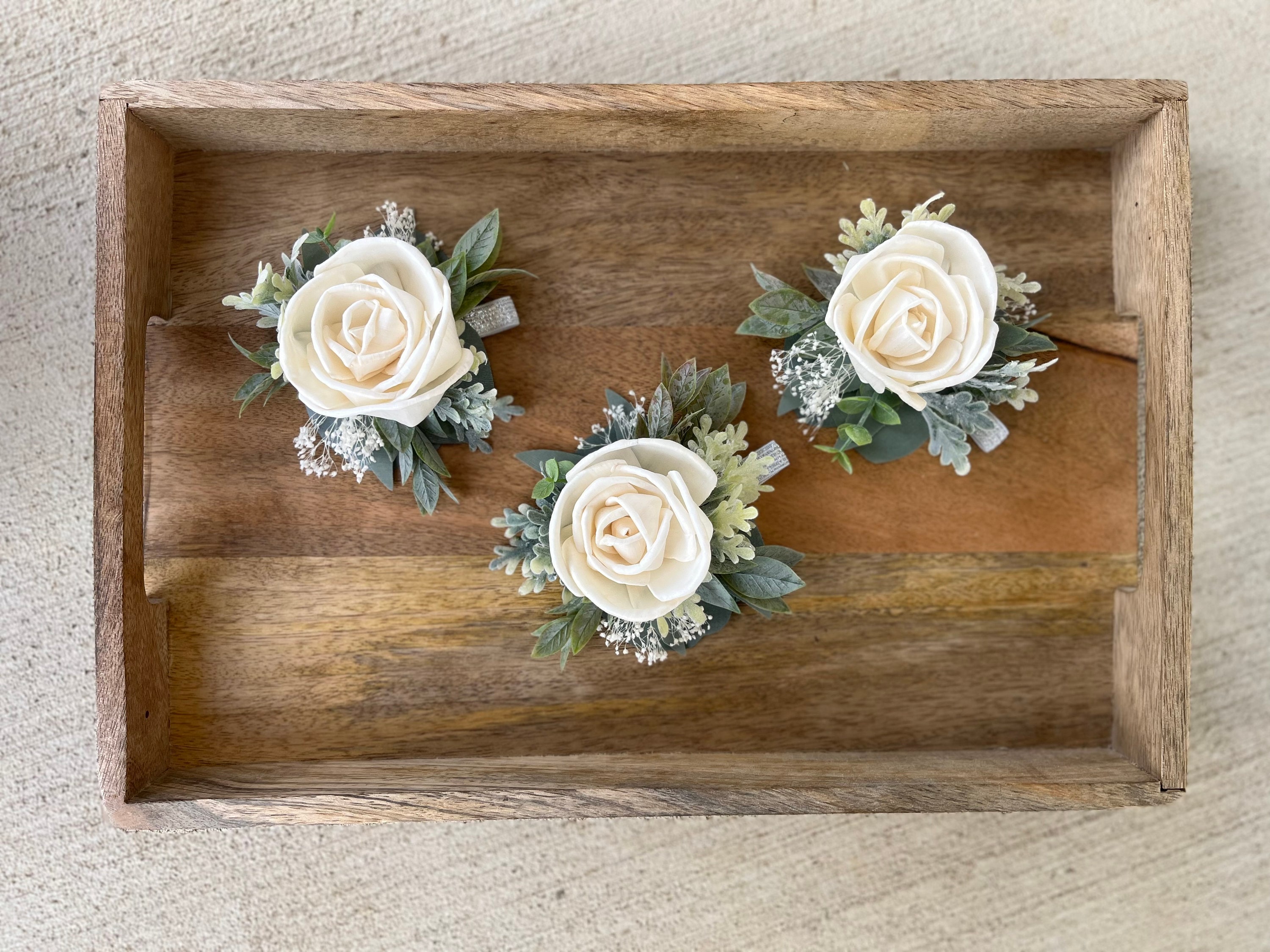 The Kayley Wood Flower Wrist Corsage / Dusty Miller Ruscus