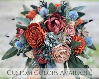 Fall in Cody Wood Wedding Bouquet / Rustic Boho Bridal Bride Bouquet / Sola Flowers Autumn Eucalyptus Sedona Rust Blush Dusty Rose Orange