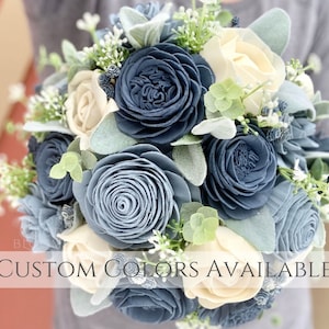 Wood Flower Dusty & Slate Blue Wedding Bouquet / Rustic Bridal Bridesmaid Bouquet / Wooden Sola Wood Flowers / White Cream Ivory