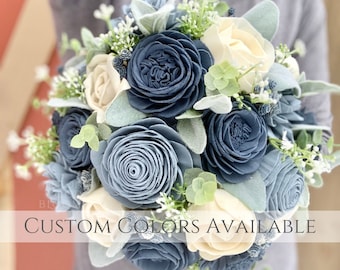 Wood Flower Dusty & Slate Blue Wedding Bouquet / Rustic Bridal Bridesmaid Bouquet / Wooden Sola Wood Flowers / White Cream Ivory