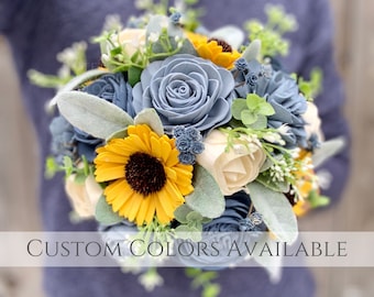 Wood Flower Sunflower with Dusty & Slate Blue Wedding Bouquet / Rustic Bridal Bridesmaid Bouquet / Wooden Sola Wood Flowers / White Ivory