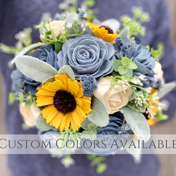 Wood Flower Sunflower with Dusty & Slate Blue Wedding Bouquet / Rustic Bridal Bridesmaid Bouquet / Wooden Sola Wood Flowers / White Ivory