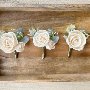Ivory Wood Flower Boutonniere / Rustic Bridal Bridesmaid Bouquet / Wooden Sola Wood Flowers / White Cream Ivory