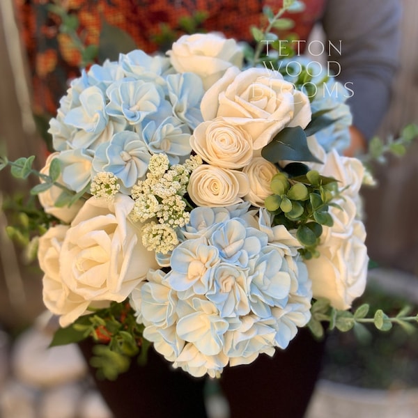 Wood Flower Hydrangea, Rose and Eucalyptus Bouquet / Rustic Farmhouse Bouquet / Bridal Wedding Bridesmaid / Sola Flower Wild Bouquet