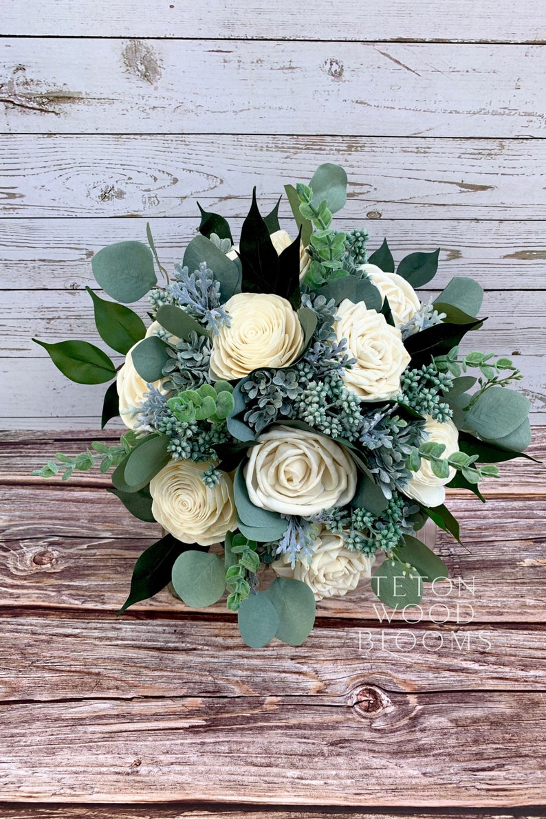 Wood Flower Eucalyptus and Ivory Wedding Bouquet / Rustic Wild Etsy