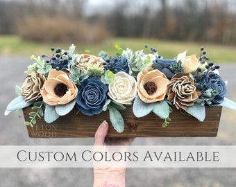 Farmhouse Wood Flower Centerpiece / Rustic Floral Arrangement / Wedding Decor / Gifts for Her / Boxwood Eucalyptus Dusty Miller Lambs Ear