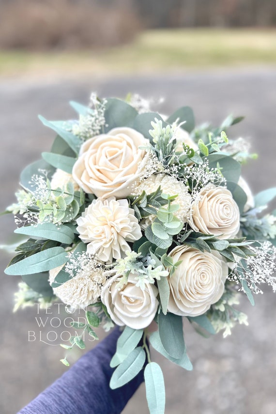 DIY KIT Hannah's Collection Sola Flower Bouquet Wedding Bridal Bouquet  Ivory, Dusty Blue, Dusty Rose -  Israel