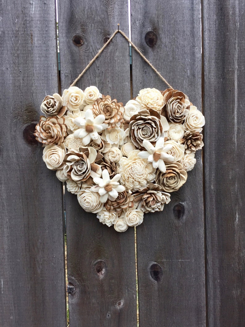 Ivory Wood Flower Heart Wall Hanging / Rustic and Unique Etsy
