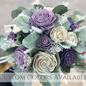 The Paige Bouquet / Wood Flower Sola Rustic Bridal / Wooden Sola Wild Lavender Purple Wisteria Lilac White Eualyptus Wild Babys Breath Plum