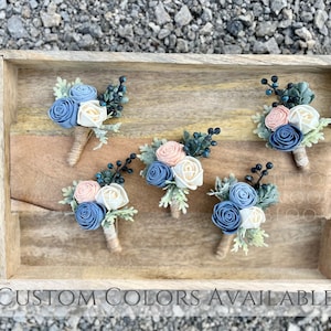 Mini Rose Boutonniere / Rustic Bridal Bridesmaid Bouquet / Eucalyptus Dusty Miller / Dusty Blue Blush Pink Navy